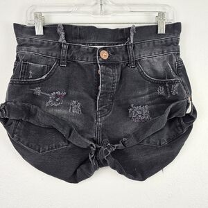 One X One Teaspoon Shorts Button Fly Front Black 28 Grunge Thrashed Distressed